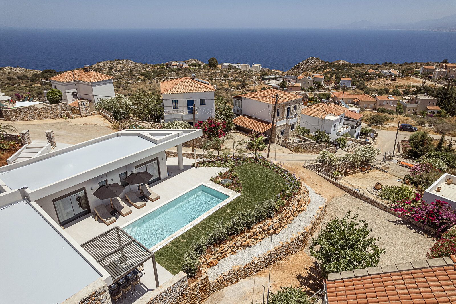 Aerial view of Villa Yoma and the Cretan sea